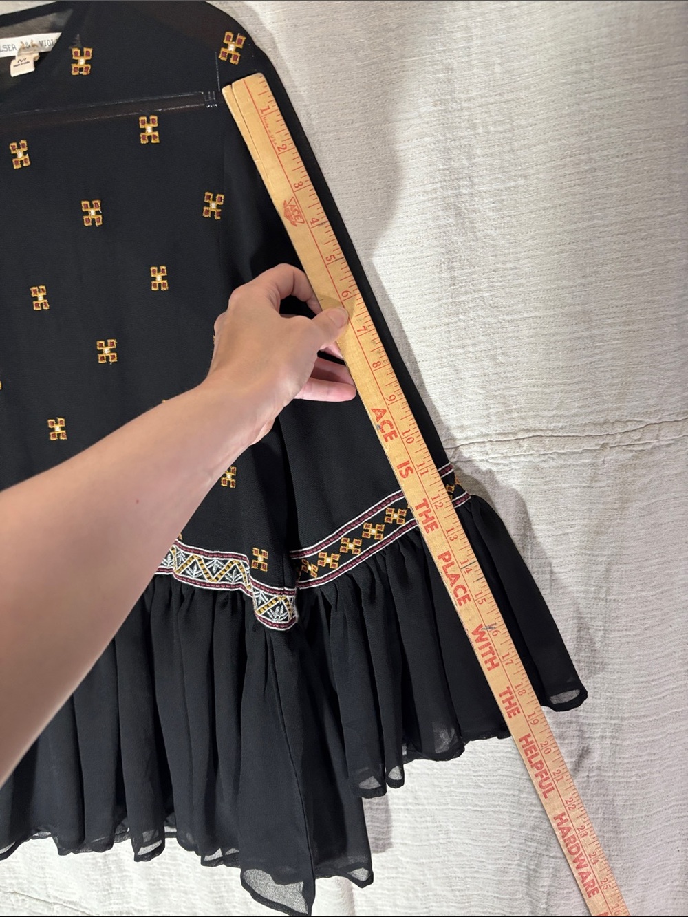 Chelsea & Violet Black Ruffled Peplum Blouse with Gold Embroidery Bell Sleeves - Picture 5 of 11